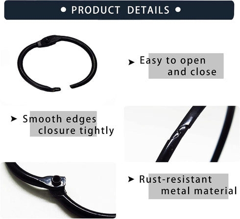 36pcs Shower Curtain Rings, Rust-Resistant Metal Round Hooks for Bathroom Rod Curtains, Movable Clasp (Black)