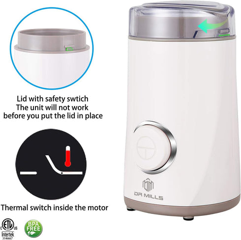 DR MILLS DM-7441 Electric Coffee Grinder, One Touch Operation, Stainless Steel Blade & Cup (White)