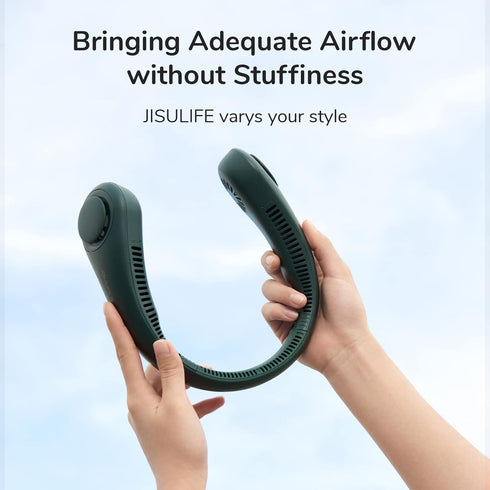 JISULIFE Portable Neck Fan, Hands-Free Bladeless Fan, 5 Speeds, 4000 mAh Battery, Dark Green