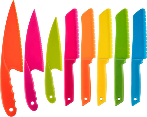 JOVITEC 8 Pcs Kid Cooking Kitchen Knife Set, Multi Colors Square Knife, Children's Safe Chef Nylon Knives for Cutting