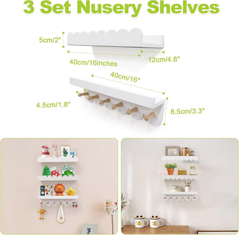 Varbonia 16'' 3 Pack) Floating Nursery Book Shelves for Wall, Wood Book Shelf for Baby Boys Girls Bedroom Bathroom