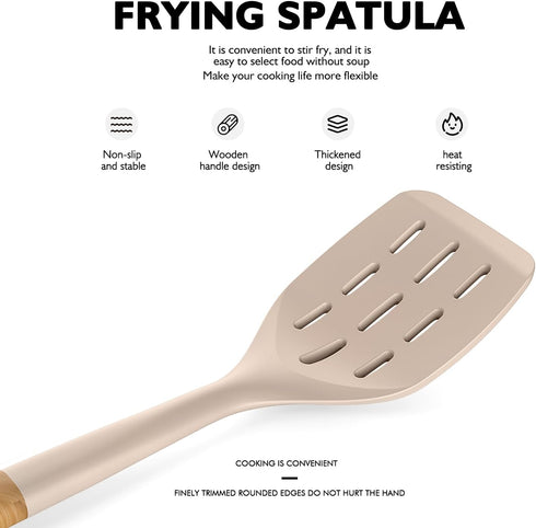 Large Silicone Cooking Utensils Set - Heat Resistant Silicone Kitchen Utensils for Cooking w Wooden Handles, Spatula Set, Kitchen Utensil Gadgets Sets for Non-Stick Cookware, BPA Free (Khaki) by AVGPD
