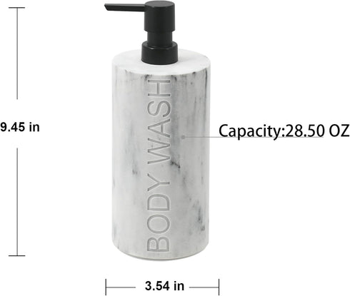 Resin White Marbled Body Wash Engraved Bottle Refillable Pump Dispenser, Durable Waterproof Construction for Bath