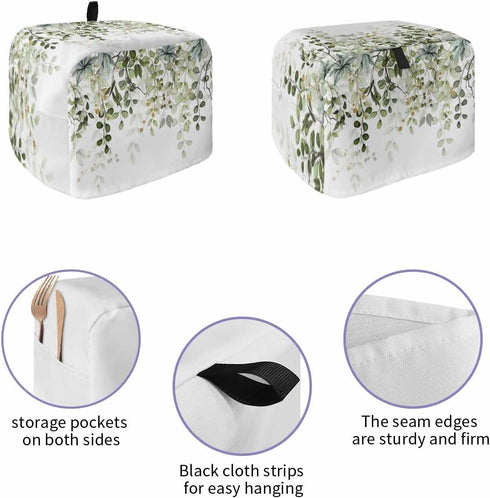Sage Green Leaves 4 Slice Toaster Cover Small Appliance Cover Toaster Dustproof Fingerprint Protectors Machine Washable, Spring Eucalyptus Gold Watercolor