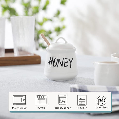 HAOTOP Porcelain Small Honey Jar with Lid and Honey Dipper, 12oz (White)