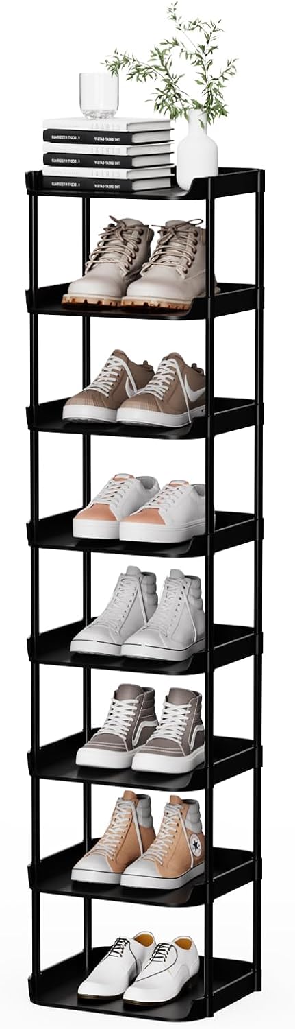Altdnmaf 8 Tier Vertical Narrow Shoe Rack, Stackable Tall Skinny Shoerack, Compact Single