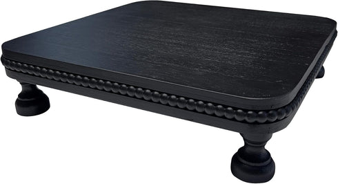 dwellington 12" Countertop Farmhouse Display Wood Riser, Decorative Black Beaded Pedestal Stand, Square Tiered Tray