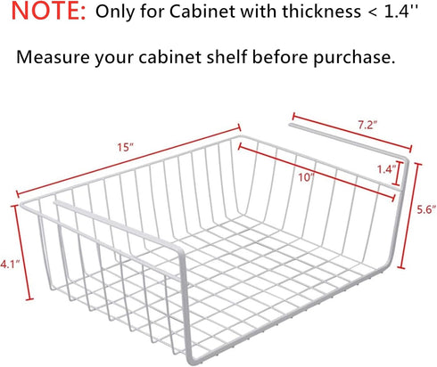 Tebery 2 Pack White Under Shelf Wire Basket, Hanging Storage Baskets for Kitchen Pantry Desk Organizer
