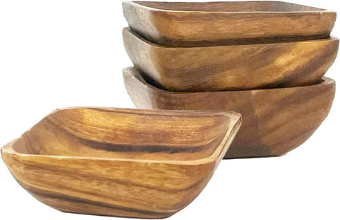 Woodard & Charles Acacia Wood 4" Individual Square Serving Bowl Set of 4 for Appetizers, Nuts, and More