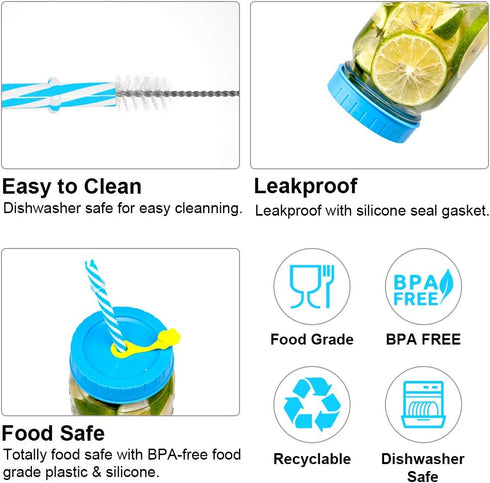 Regular Mouth Mason Jar Lids with Straw Hole, Stoppers, Silicone Rings, Cleaning Brush, 26 Pack