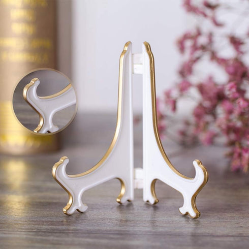 Artliving 4" White Gold Decorative Small Plate Stand Holder, Plastic Picture Easel Display Stand (2 Pack)
