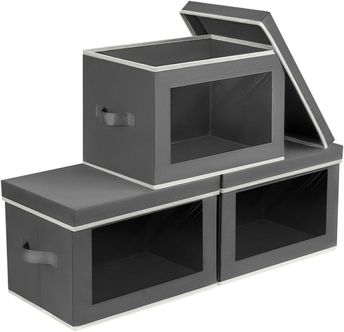Storage Bins with Lids, Fabric Storage Boxes with Lids, Collapsible Organizers for Clothes, Towels, Books, 3 Packs, Grey