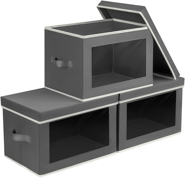 Storage Bins with Lids, Fabric Storage Boxes with Lids, Collapsible Organizers for Clothes, Towels, Books, 3 Packs, Grey