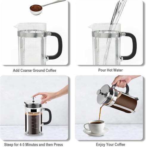 French Press Coffee Maker, 34oz 304 Stainless Steel with 2 Filters, Heat Resistant Borosilicate Glass, BPA Free