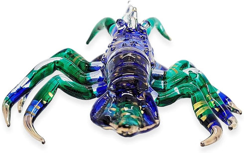 6" Tiny Blue Green Gold Dots Lobster Figurine - Miniature Hand Blown Painted Glass Shrimp Prawn Crustacean Crystal Sea