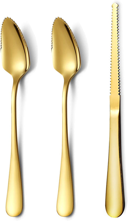 Gold Grapefruit Spoons Set, 3 Pieces with 2 Stainless Steel Spoons and 1 Knife, Serrated Edges (Gold)