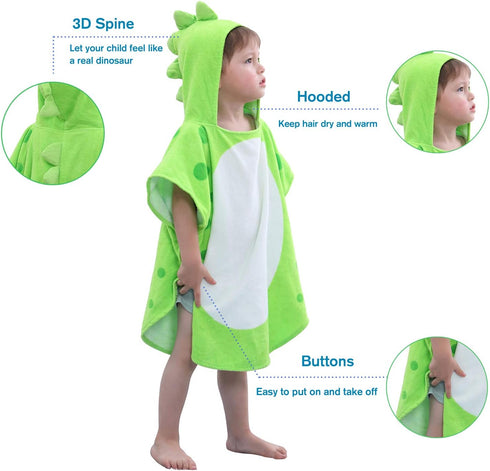 LOLANTA Baby Boys Dinosaur Hooded Bath Towels, 100% Cotton Beach Towel Poncho for Toddlers (Green#B, 1-3T)