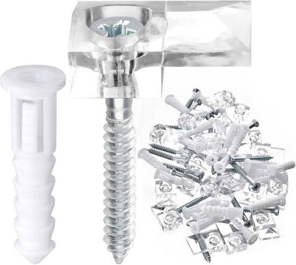 20 Pack Clear Frameless Mirror Holder Clips, 3-4mm Plastic Glass Retainer Clips with Screw and Anchors for Wall