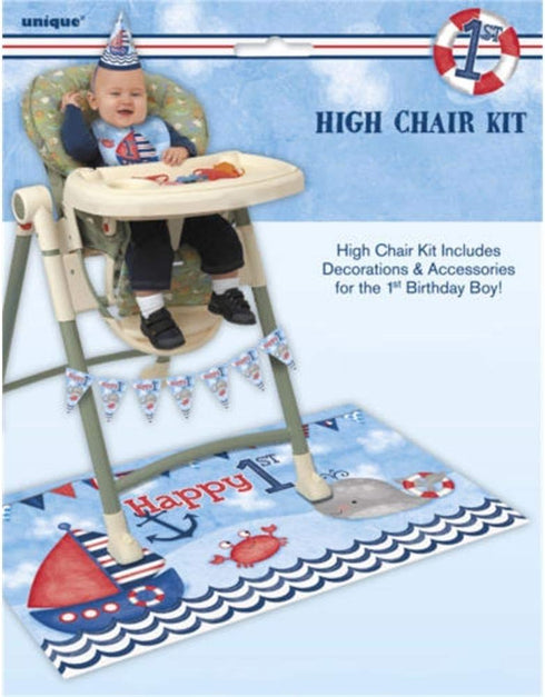 Unique Party 58177 1st 4pc, 2.66' Unique Nautical Boys Birthday High Chair Decoration Kit