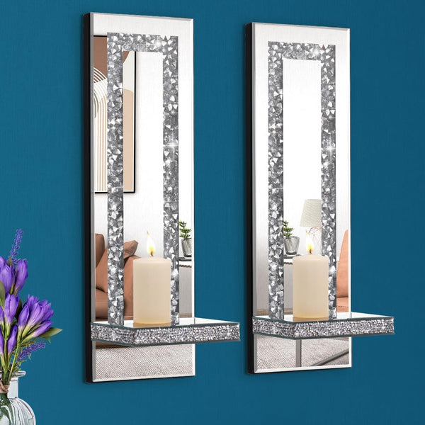 Aeveco Crystal Crush Diamond Mirrored Candle Sconces, Silver Wall Candle Holder Set of