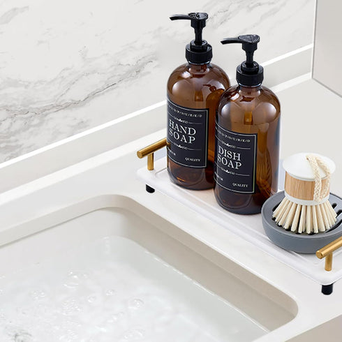 Set 16oz 12 (Set 6) Soap Dispenser Refillable Amber Glass Bottles with Brush Holder, Dish Scrub, Diatomite Tray