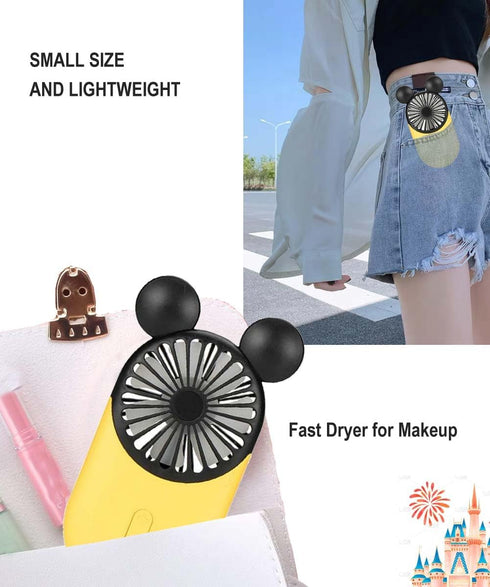 Cute Personal Mini Fan, USB Rechargeable Handheld Fan with LED Light, 3 Speed Adjustable for Travel