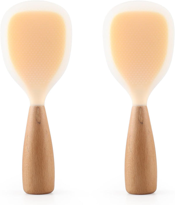2 Pack Silicone Rice Paddle Spoon with Wood Handle, Nonstick Standing Rice Cooker Spatula Kitchen Tool