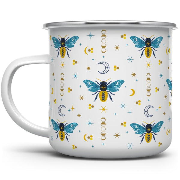 Celestial Bee Pattern Enamel Camping Coffee Mug, Honeycomb Moon Stars Gift Cup for Friends and Coworkers