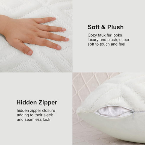 Set of 2 Soft Faux Fur Throw Pillow Covers 18x18 - Cream White Plush Short Wool Velvet Decorative Couch Covers