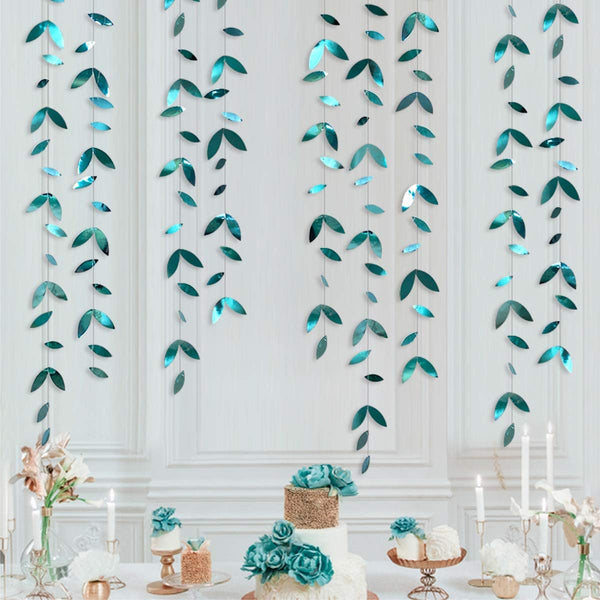 PinkBlume 52 Ft Dark Green Leaf Garland - Emerald Turquoise Paper Hanging Leaves Streamer for Party Decorations