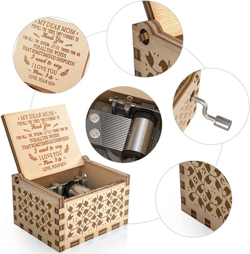 You are My Sunshine Music Box, Vintage Wood Laser Engraved Gift for Mom from Son, Unique Mother's Day/Birthday/Christmas
