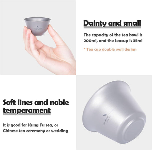 200ML Set 3 35ml Set Ti3124D iBasingo Titanium Gaiwan Kung Fu Teacup with Lid and Saucer Lightweight Portable Chinese