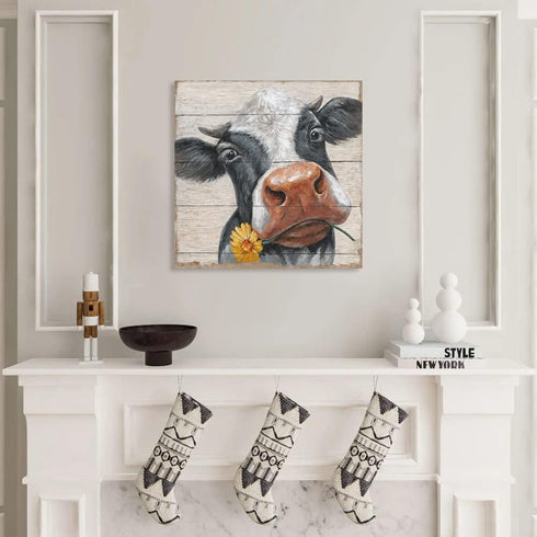 24"x24" Rustic Cow Pictures Wall Decor: Farmhouse Cow Canvas Wall Art Farm Animal Cow with Sunflower on Wood Panel