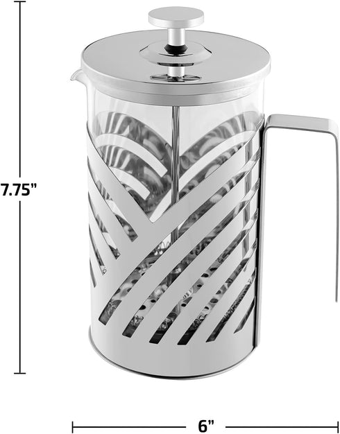 OVENTE 27 Ounce French Press Coffee & Tea Maker - Silver Portable Pitcher with 4 Level Stainless Steel Filter System