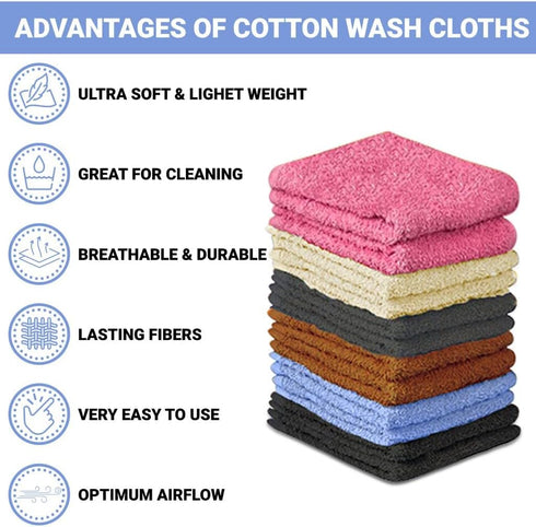 QUBA LINEN 100% Set 24 Packs 12x12 Inches Cotton Washcloth Soft, Absorbent Face Towels for Bathroom & Gym Use Reusable