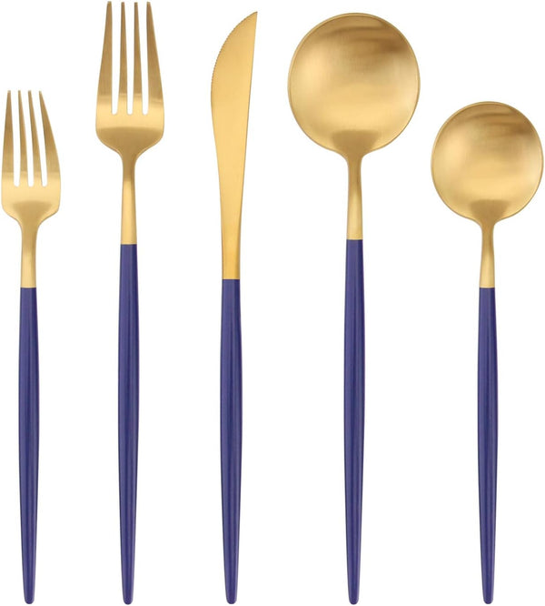Bysta Matte Gold Silverware Set with Blue Handle, 5-Piece Stainless Steel Flatware Set for 1, Kitchen Utensil Set,