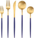 Bysta Matte Gold Silverware Set with Blue Handle, 5-Piece Stainless Steel Flatware Set for 1, Kitchen Utensil Set,