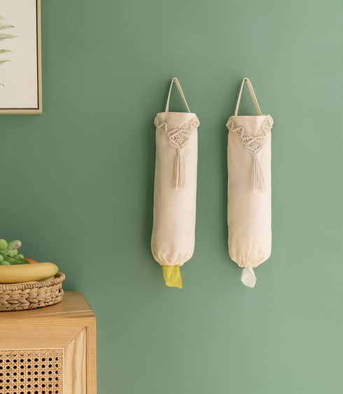 2 Pack Closet 6.3W 15.7L Mkono Macrame Plastic Bag Holder Grocery Organizer Shopping Trash Bag Dispenser Camper Boho