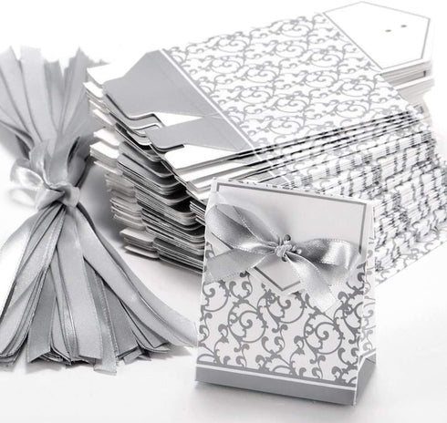 KUPOO 50PCS Candy Boxes - Silver Ribbon Wedding Favor Boxes for Party Decoration, Easter