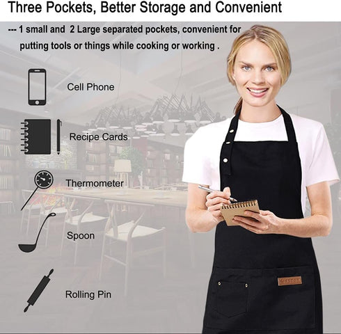 Kitchen Cooking Apron for Women Men with Big Pockets, Waterproof Canvas Aprons for Server Pottery Painting Chef