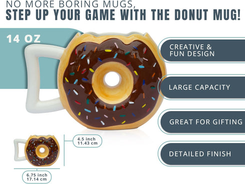 Ceramic Donut Mug - Chocolate Glaze Doughnut Mug with Sprinkles, "MMM... Donuts!" Quote, Large 14 oz Size, Brown