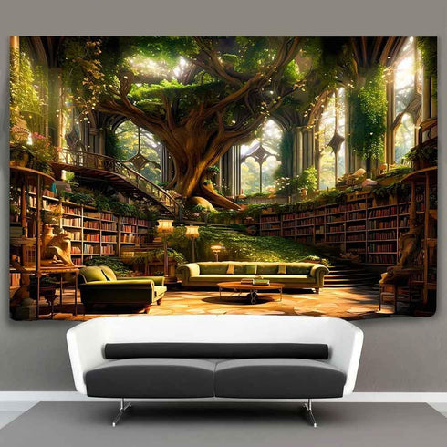 60x40inch Ine Ive Forest Library Tapestry Mysterious Green Tree Medieval Bookshelf Aesthetic Tapestries Vintage Book