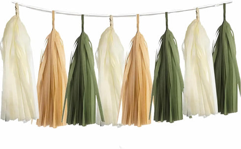 Olive-Green Tan Cream Tassel-Garland Decor - 15-Pack DIY Paper Tassels for Baby Shower Wedding Decor