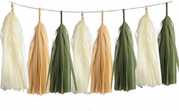 Olive-Green Tan Cream Tassel-Garland Decor - 15-Pack DIY Paper Tassels for Baby Shower Wedding Decor