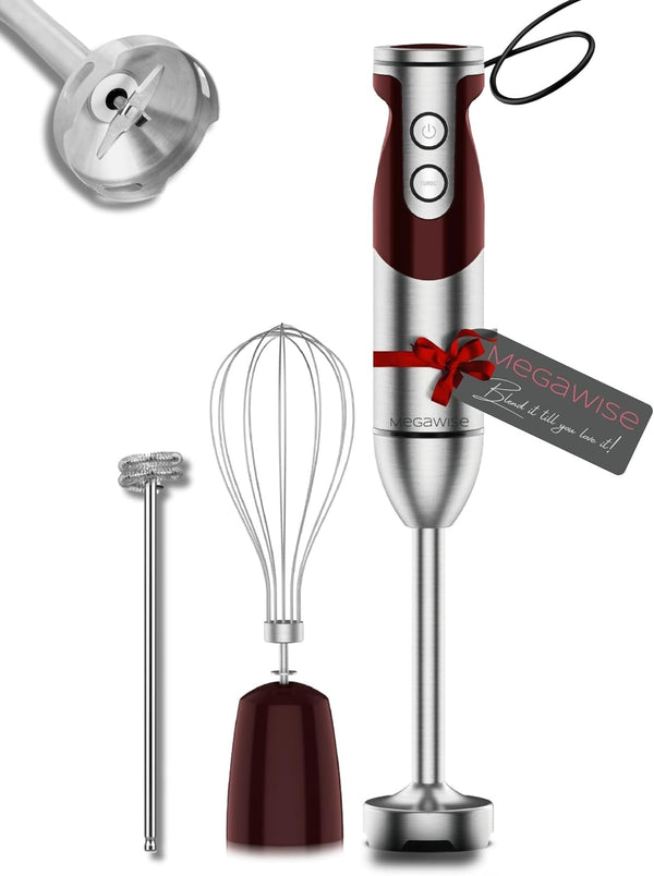 MegaWise Pro Titanium Reinforced 3-in-1 Immersion Corded Hand Blender, 12-Speed with Whisk and Milk Frother (3-in-1 Red)