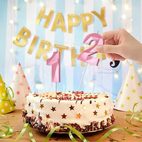 Number Birthday Candles (2 Candle Pink), 3D Diamond Shape 2nd Happy Birthday Cake Topper for Celebration Supplies