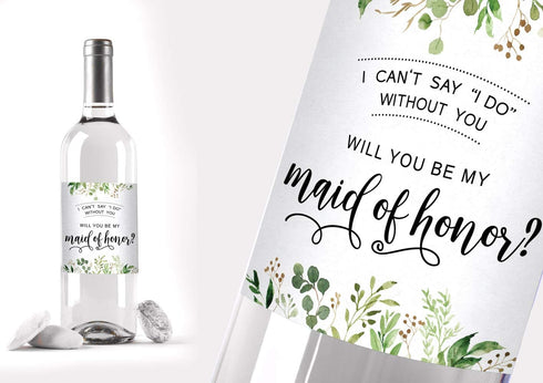 Printed Party Bridesmaid Proposal Wine Bottle Label Gift, Greenery, Set of 8