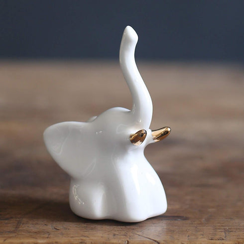 Home Decor Elephant Statues - 1 Pair of Small Decorative Accents for Living Room and Bedroom, Gold and White