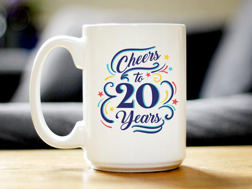 Cheers to 20 Years - Coffee Mug Gifts for Women & Men - 20th Anniversary Party Decor - Large 15oz White Ceramic Mug