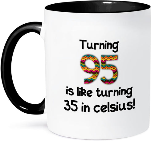 3dRose 95 Is Like Turning 35 In Celsius Mug, Humorous 95th Birthday Gift, 11 oz, Black